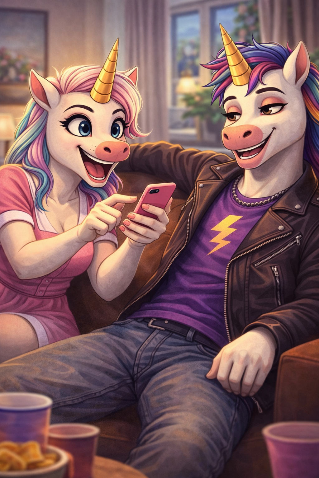Two unicorn friends on a couch, one showing the LaterVape app on their phone
