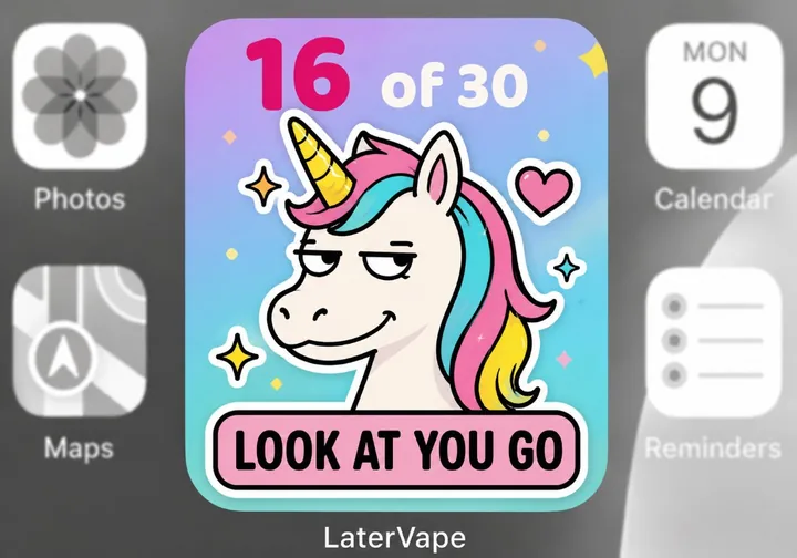 LaterVape home screen widget showing puff progress with a friendly unicorn